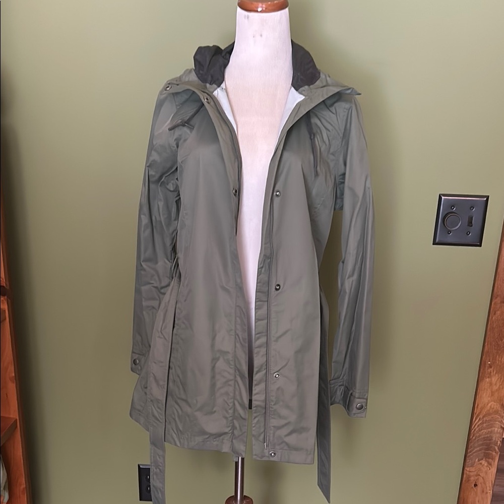 Columbia Green Trench Rain Coat with Hood and Full-Length Zipper
